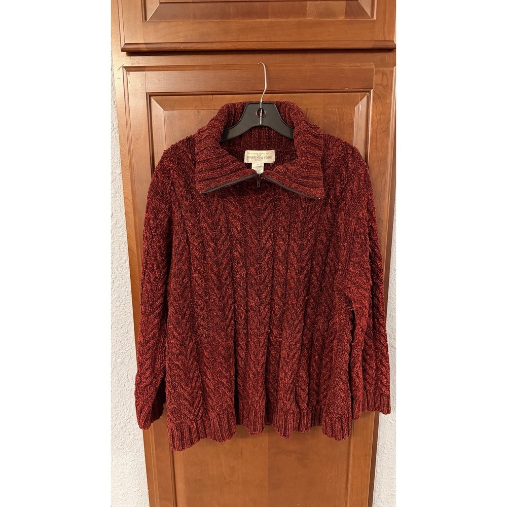 Jones New York Sport Hand Knit 1/4 Zip Cable Knit Sweater Maroon Size Medium